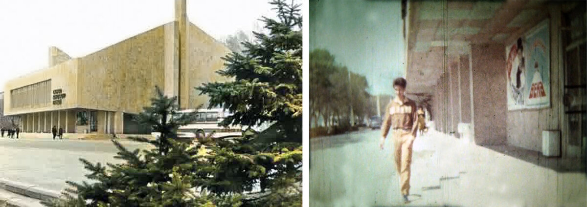 На фото слева: СТЕРЕО кинотеатр «ПРИБОЙ», Ростов-на-Дону, 1978 год. На фото справа: Игорь Дауров у кинотеатра «ПРИБОЙ», 1987 год, афиша советского стереофильма «Похищение века».