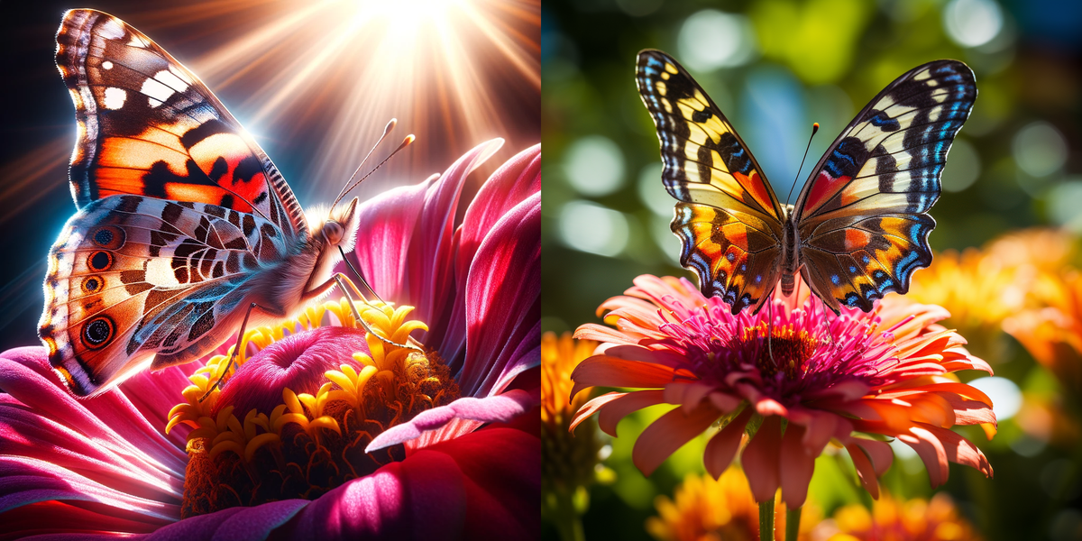 Промт для создания обеих картинок: "Realistic close-up photo of a butterfly perched on a vibrant flower, bathed in bright sunlight. The details of the butterfly's wings and the flower's petals are crisply visible, with the sunlight casting vivid colors and sharp shadows"