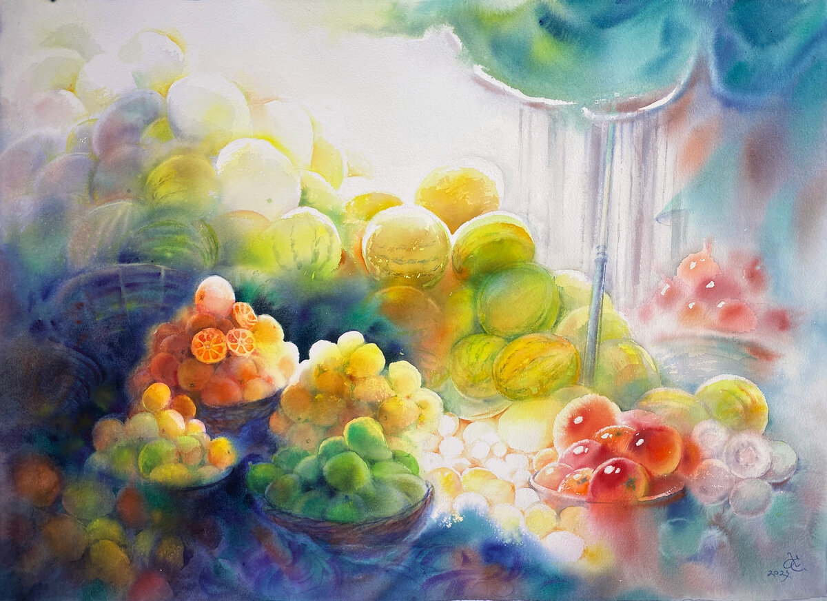 Африканский базар. Нигерия. Для выставки, организованной посольством Нигерии в Москве. 56х76см