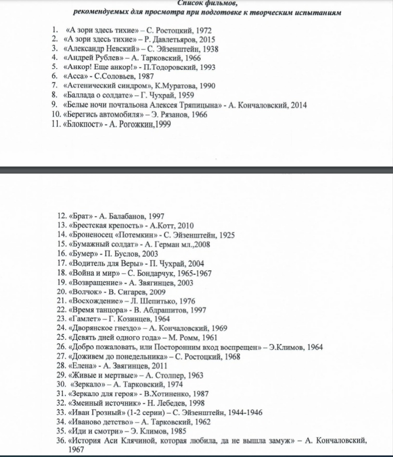 Список фильмов, рекомендуемых для просмотра при подготовке к творческим испытаниям во ВГИК
