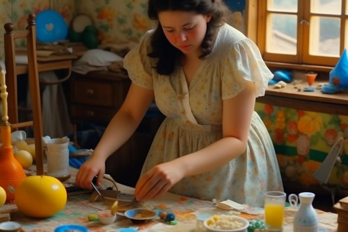 Ирина-Марина убирает квартиру. Так умаялась, что потом заснула на диване. Нейросеть Kandinsky 2.2.
