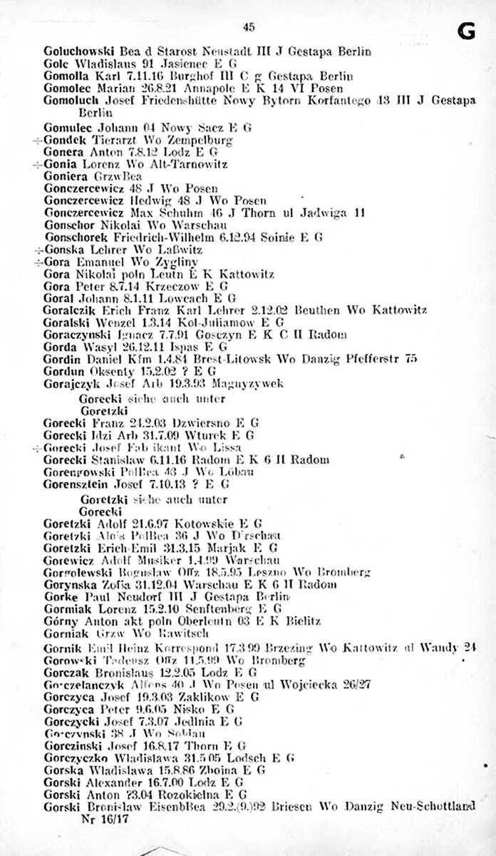 Страница из "Sonderfahndungsbuch Polen" на букву "G". Люди, напротив инициалов которых стоят аббревиатуры EK (айнзацкоммандо) и EG (айнзацгруппа) предназначались к немедленной ликвидации