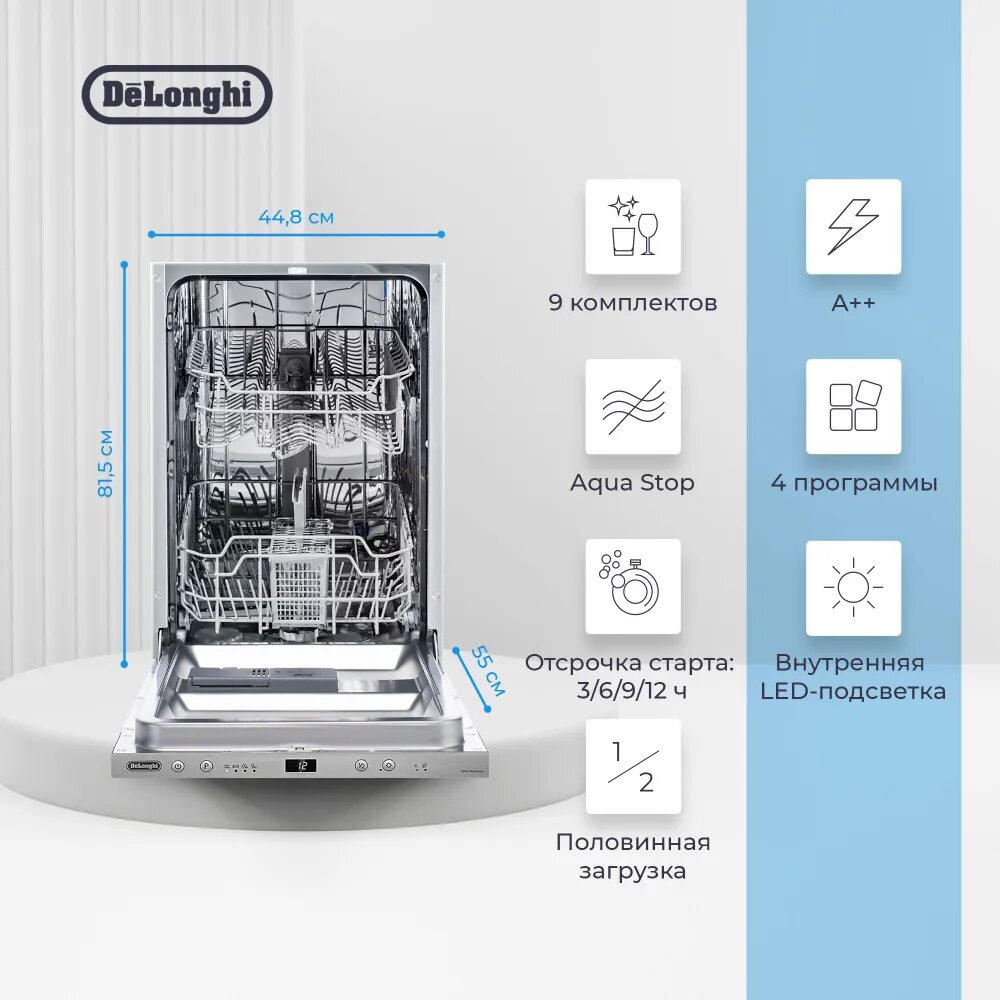 Размер (ДхШхВ): 55.5x44.8x81.5 см / Вместимость: 9 комплектов / Класс энергопотребления: A++
