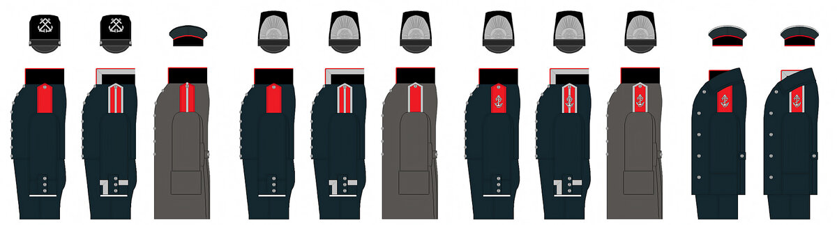 На рисунке 1-й Штурманский полуэкипаж: Кадет 1837 г.; Фельдфебель 1837 г.; Младший Унтер-Офицер в шинели 1837 г.; Кадет 1838 г.; Фельдфебель 1838 г.; Старший Унтер-Офицер в шинели 1838 г.; Кадет Кондукторской роты 1851 г.; Фельдфебель Кондукторской роты 1851 г.; Старший Унтер-Офицер Кондукторской роты в шинели 1851 г.; Кадет Кондукторской роты в пальто 1851 г.; Старший Унтер-Офицер Кондукторской роты в пальто 1851 г. 