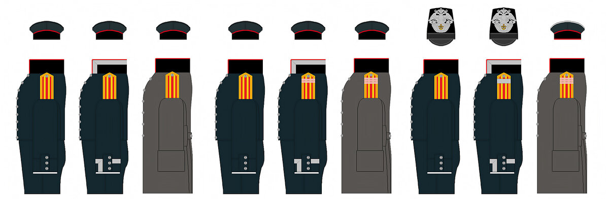 На рисунке Учебный Морской Рабочий Экипаж: Воспитанник 1837 г.; Унтер-Офицер 1837 г.; Воспитанник в шинели 1837 г.; Воспитанник 1843 г.; Унтер-Офицер 1843 г.; Отделенный Унтер-Офицер в шинели 1843 г.; Воспитанник 1845 г.; Фельдфебель 1845 г.; Старший Унтер-Офицер в шинели 1845 г.. 