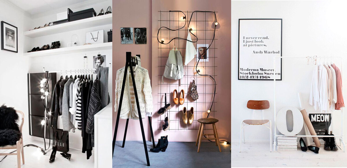Иллюстрация из bloglovin. Открытые вешалки отличное решение для временного размещения одежды. Однако, я очень часто наблюдаю как временное становится постоянным. И это превращается в «захламленное» место. Обувь интересно выглядит на картинке. На деле, чтобы так её разместить надо мыть после каждого выхода на улицу. Для обуви отдельные полки и коробки.