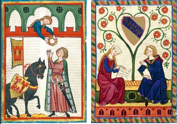    Миннезингер Рудольф фон Роттенберг и Прекрасная Дама (слева). Миннезингер Алрам фон Грестен. Любовный разговор (справа). Миниатюры. Ок. 1300–1340