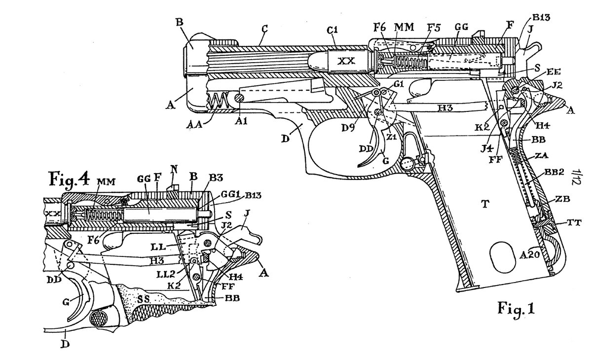 Схема устройства первой модели пистолета (из патента EP0192343A2 от 23.01.1986 г.)