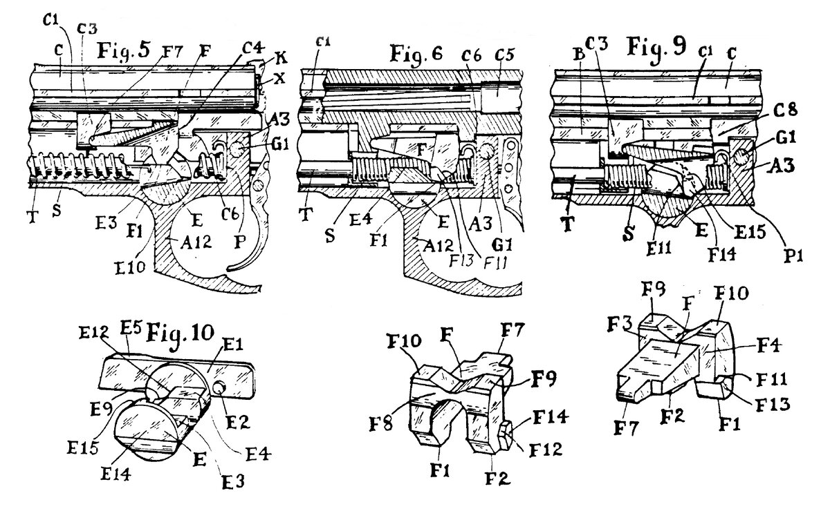 Схема работы системы запирания пистолета. Отдельно показаны поворотно-выдвижная соединительная защелка (слева внизу) и качающаяся личинка (справа внизу вид сзади и спереди). Из патента EP0307156B1