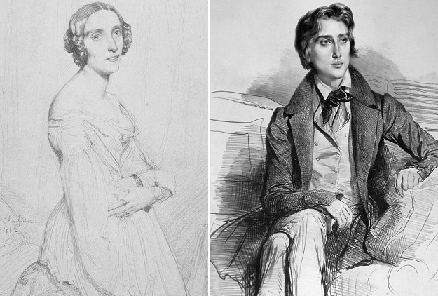 Мари д'Агу (рисунок Теодора Шассерио) и Ференц Лист (рисунок Ашиля Девериа)