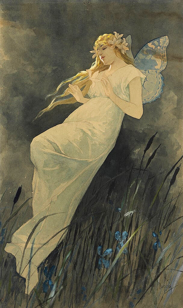 Альфонс Муха "Эльф с цветами ириса", около 1886-1890 г.