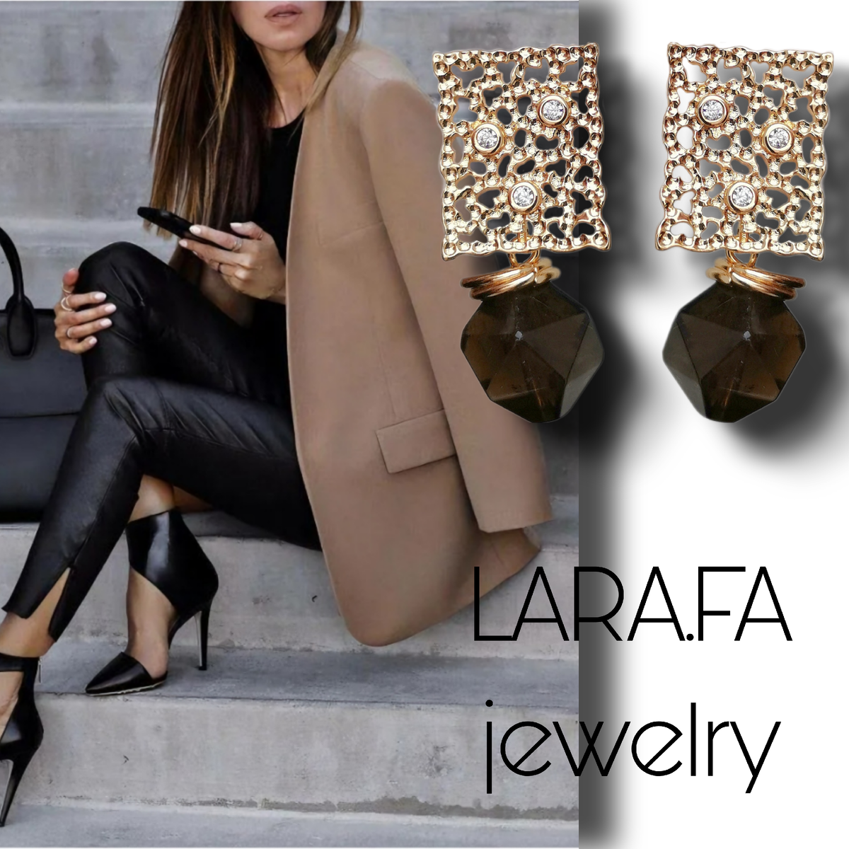 Серьги золотистые с натуральным Раухтопазом, дизайн LARA.FA jewelry