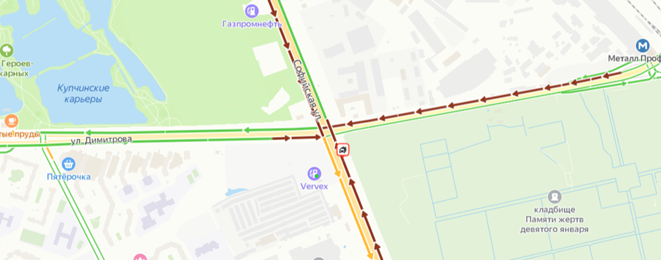    Дорожная ситуация после аварии во Фрунзенском районе. Автор фото: "Яндекс Карты".