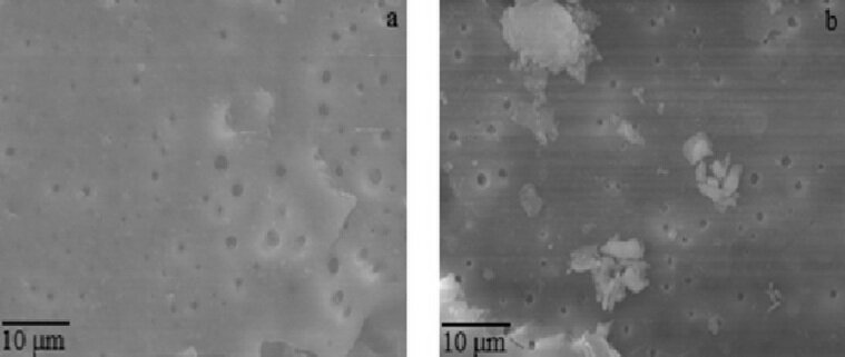    Слева на снимке показаны свободные поры покрытия, справа продемонстрированы эти же поры, забитые пылью