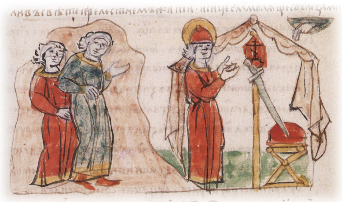 Святой князь Борис молится в своём шатре, зная о посланных убийцах (мужах-вышегородцах). На миниатюре изображён меч князя, который достался в наследство Андрею Боголюбскому. В летописных текстах об этом мотиве ничего не говорится, но на миниатюре княжеский меч прислонён к кресту, символизирующему икону, которой молится Борис. Данный мотив мог быть известен окружению Андрея Боголюбского, среди которых были выходцы из Вышгорода, где похоронены Борис и Глеб.