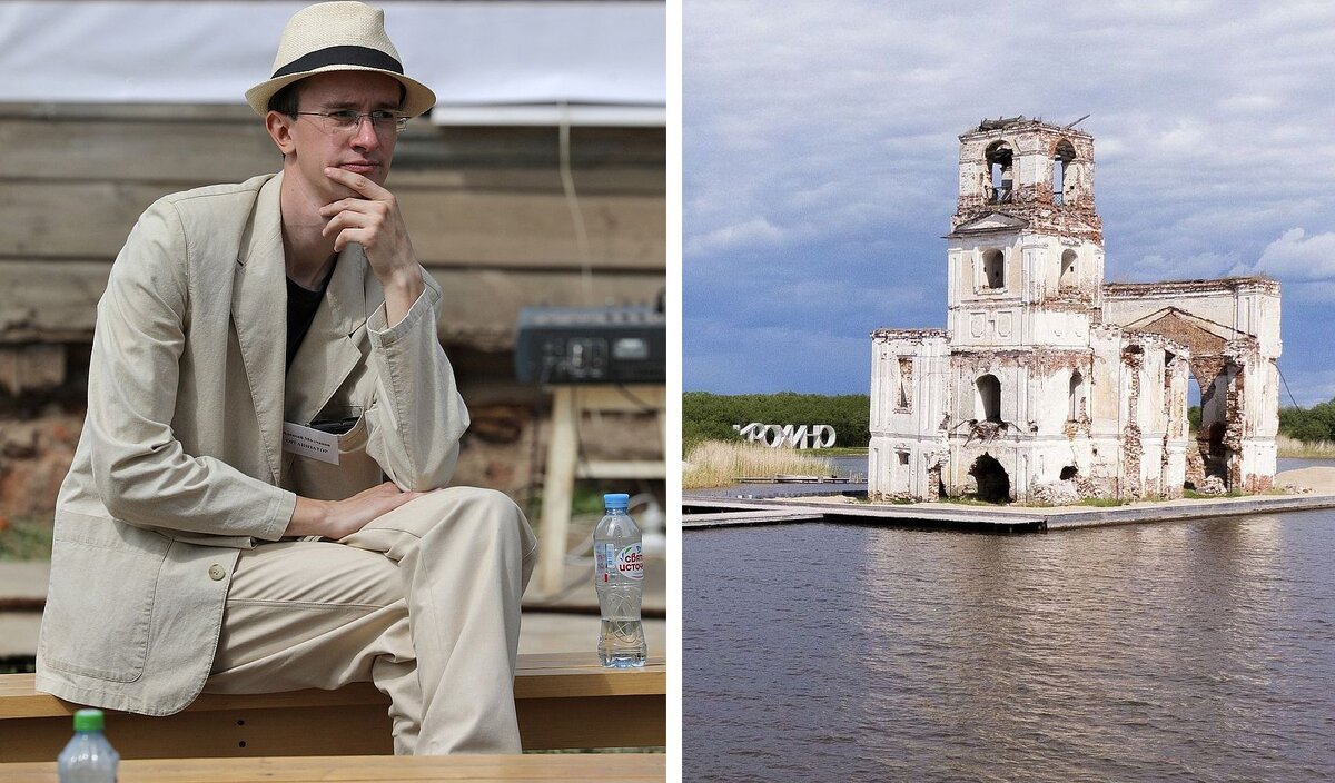 Волонтёр Фонда «Крохино» реставратор Алексей Молчанов. Фото из личного архива.  Храм-маяк в Крохино. Фото Тимофея Бородина