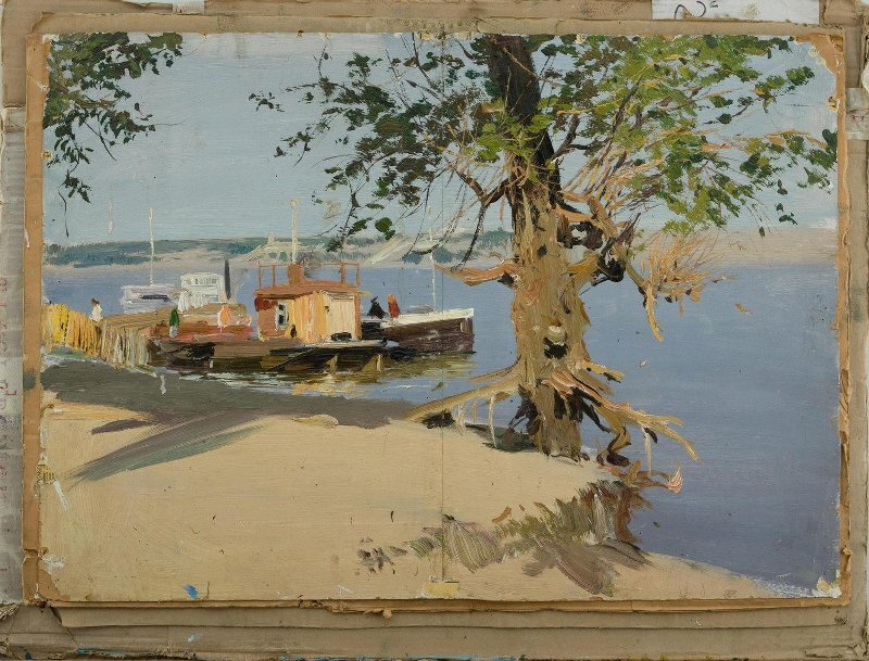 В. З. Пурыгин. Пристань на Волге. Начало 1960-х. Источник: https://goskatalog.ru/portal/#/collections?id=9927376
