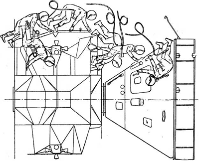 Схематическое изображение   планировавшегося эксперимента по переходу космонавта Швейкарта из лунной   кабины в отсек экипажа Через открытый   космос