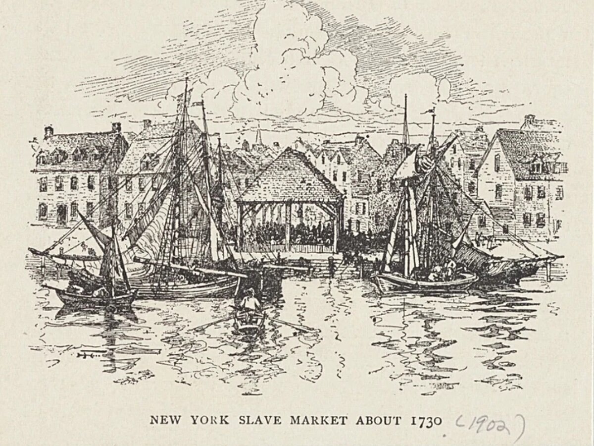 Рисунок 1730 года – так выглядел подход к невольничьему рынку Нью-Йорка с воды