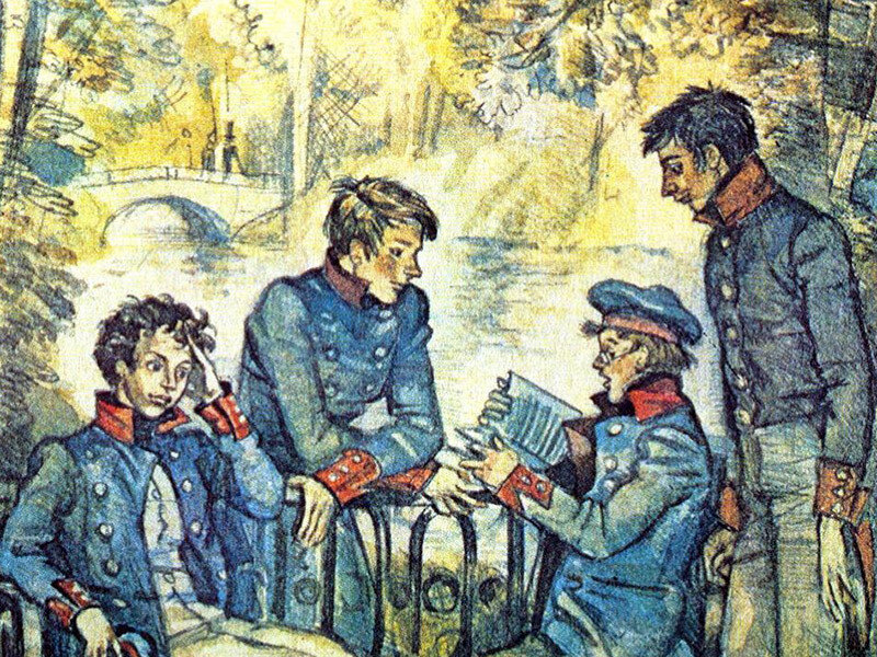 Лицеисты Пушкин, Пущин, Дельвиг, Кюхельбекер. Изображение взято отсюда - https://mi-ta-pe.livejournal.com/476084.html