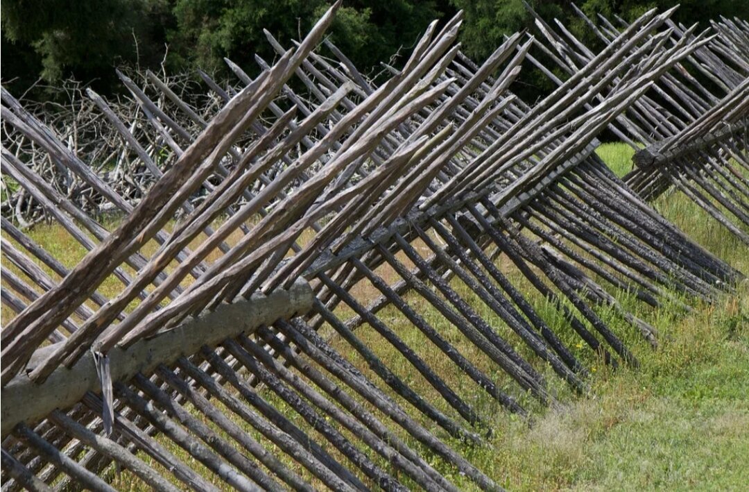 Военное укрепление из вала и рва. Надолбы 17 век. Забор частокол. Кол металлический. Оборонительные сооружения из кольев.