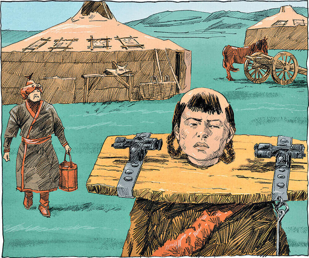 Рисунок монгольского мальчика в колодках.