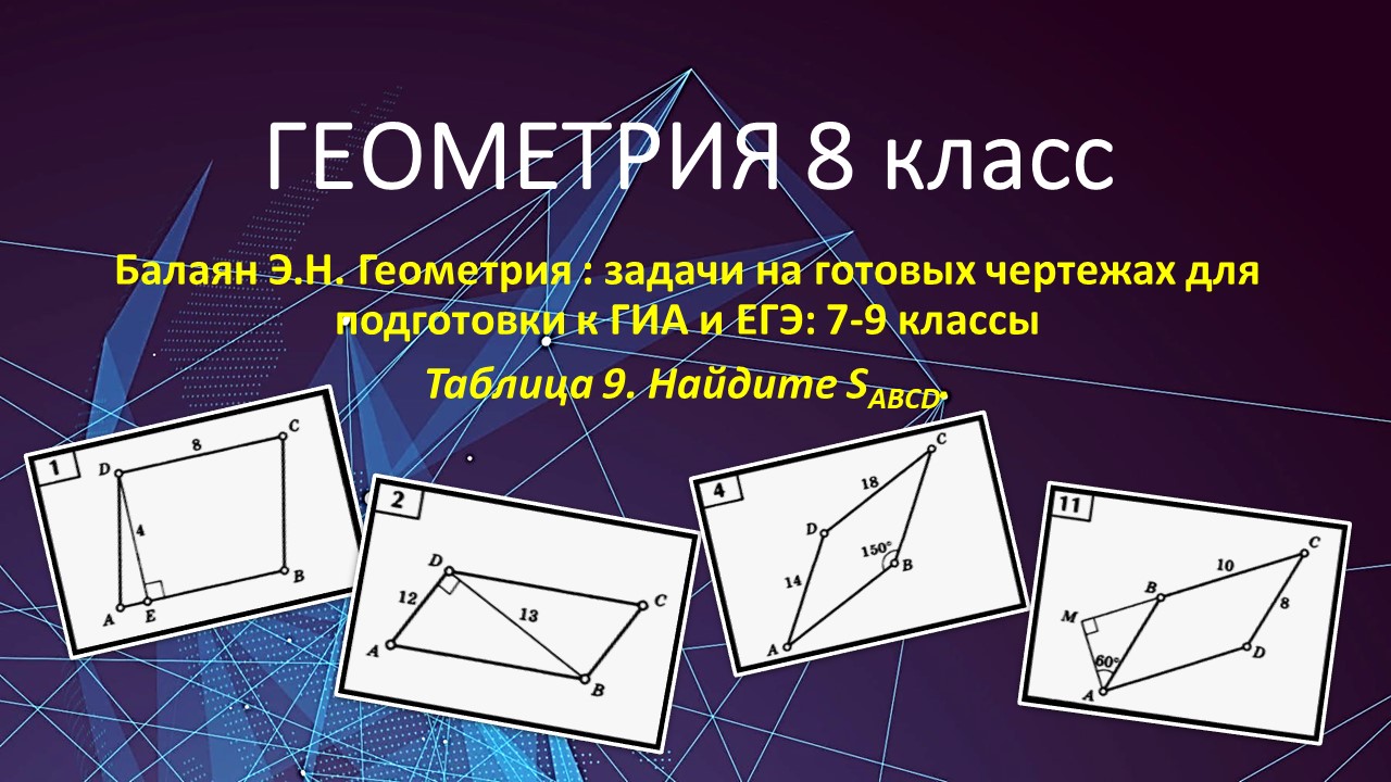 Геометрия 8 класс. Ишем площадь параллелограмма в задачах 1,2,4,11 на  готовых чертежах.