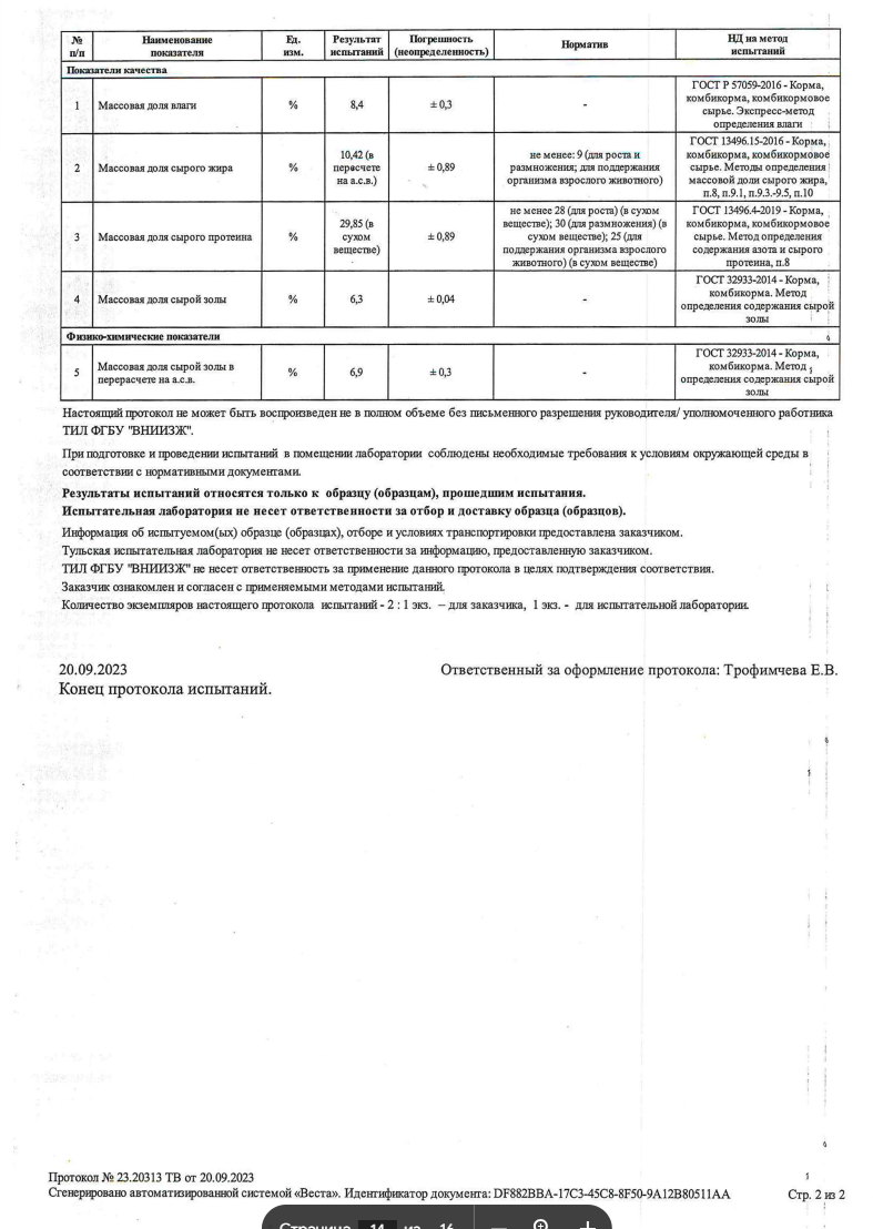 Протокол испытаний от ФГБУ "ВНИИЗЖ" (конец сентября 2023)