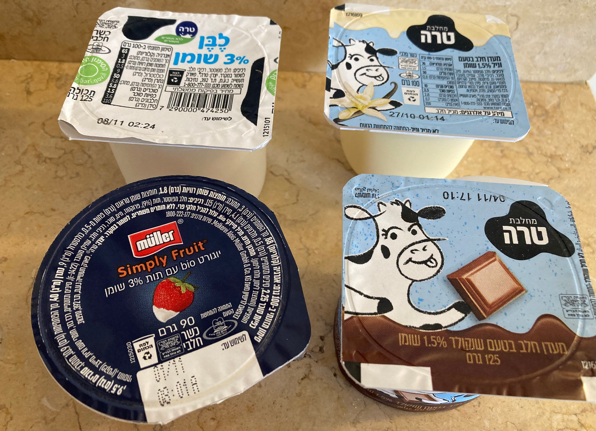 Вот такие варианты молочных продуктов я продегустировала во время своего отдыха в Израиле в начале октября 2023 года: йогурт с клубничным наполнителем 3% жирности 90 грамм торговой марки Muller, натуральный йогурт 3% жирности 100 грамм торговой марки Terra, десерты в виде молочных пудингов с ванильным / шоколадным вкусом 1,5% жирности 125 грамм торговой марки Terra