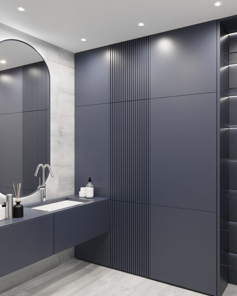 Душевая комната со встроенным шкафом в нише