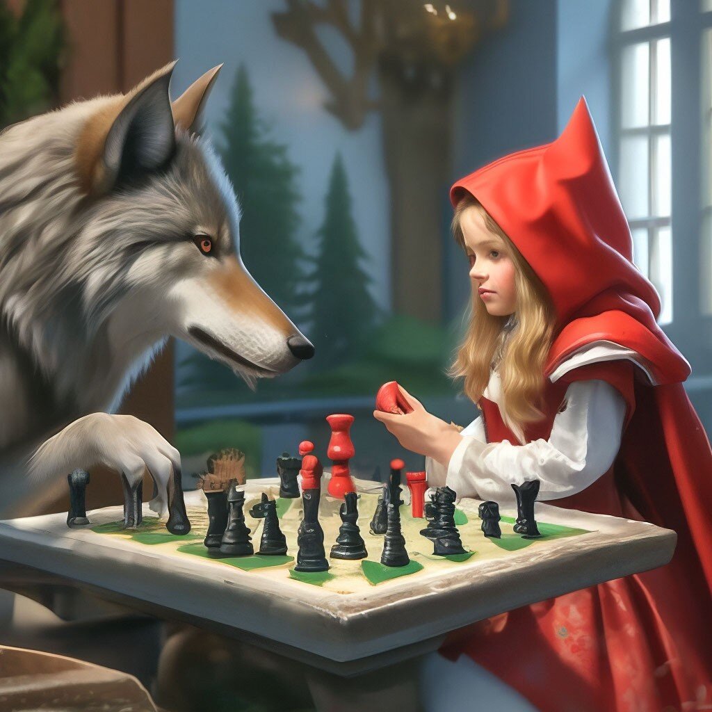 Красная Шапочка и Серый Волк играют в шахматы в домике у бабушки.