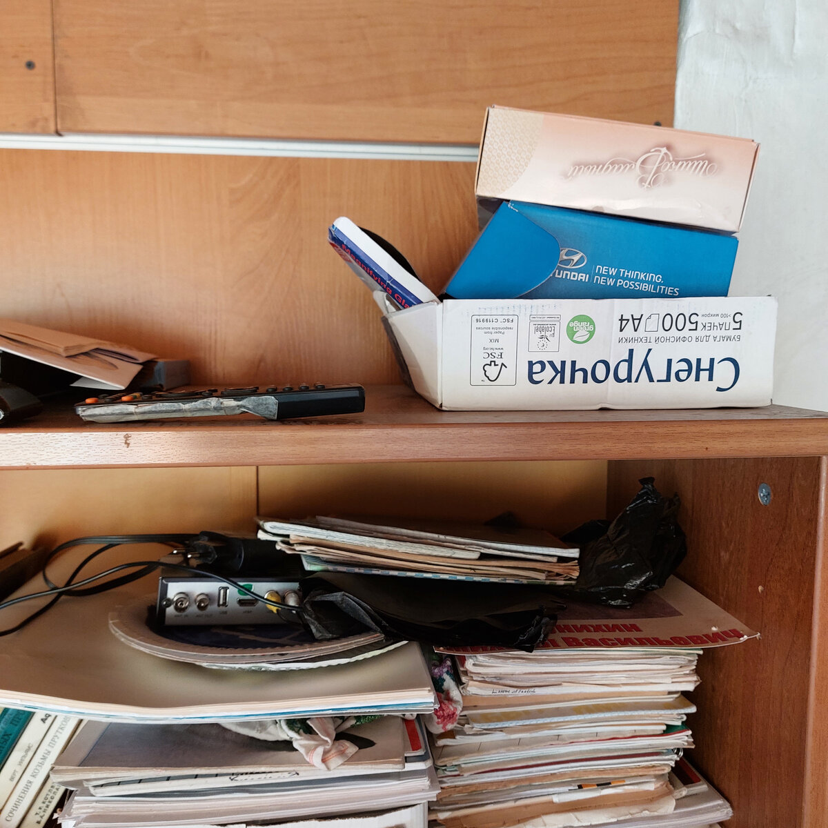 Это верх шкафа с разными разностями у нас на даче. Там и книги у нас довольно интересные и много чего за лето копится такого, что со временем осенью просто летит в печку или как-то куда-то переезжает. Но вот эта кучка коробочек, собранных мужем и аккуратно уложенных им наверх со словами "а вдруг это понадобится" и оказалась схроном.