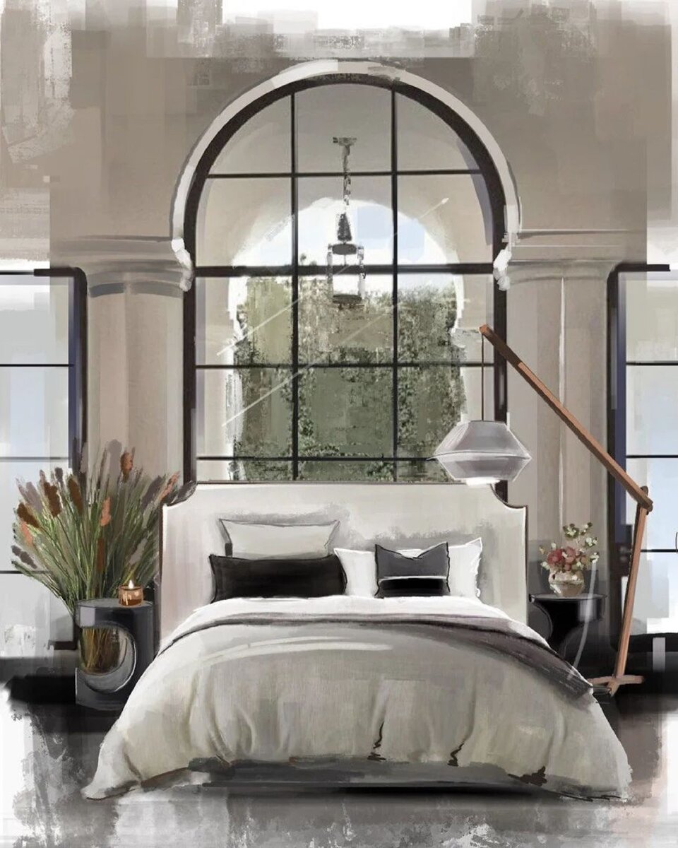 Скетч спальни в коллажной технике, дизайнер интерьера Юлия Бадьянова (Брайтон, Великобритания), выпускница школы дизайна интерьера Катерины Дубровской