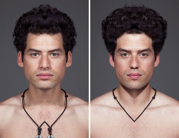 Австралийский фотограф Джулиан Волкенштейн в 2010 году придумал фотопроект, в котором разделял портреты на две половины и делал две картинки: одну с двумя левыми половинами лица, другую — с двумя правыми. Листайте)