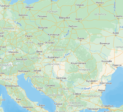 В центре карты страны Центральной и Юго-Восточной Европы. Источник картинки – карты Яндекс. Кстати, географическим (не историческим!!!) центром материка является… Закарпатье (Украина)… 
