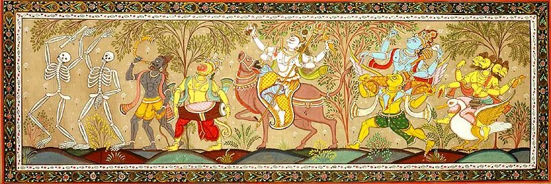 Ганы, Шива, Вишну и Брахма следуют на свадьбу Шивы. Изображение: exoticindiaart.com