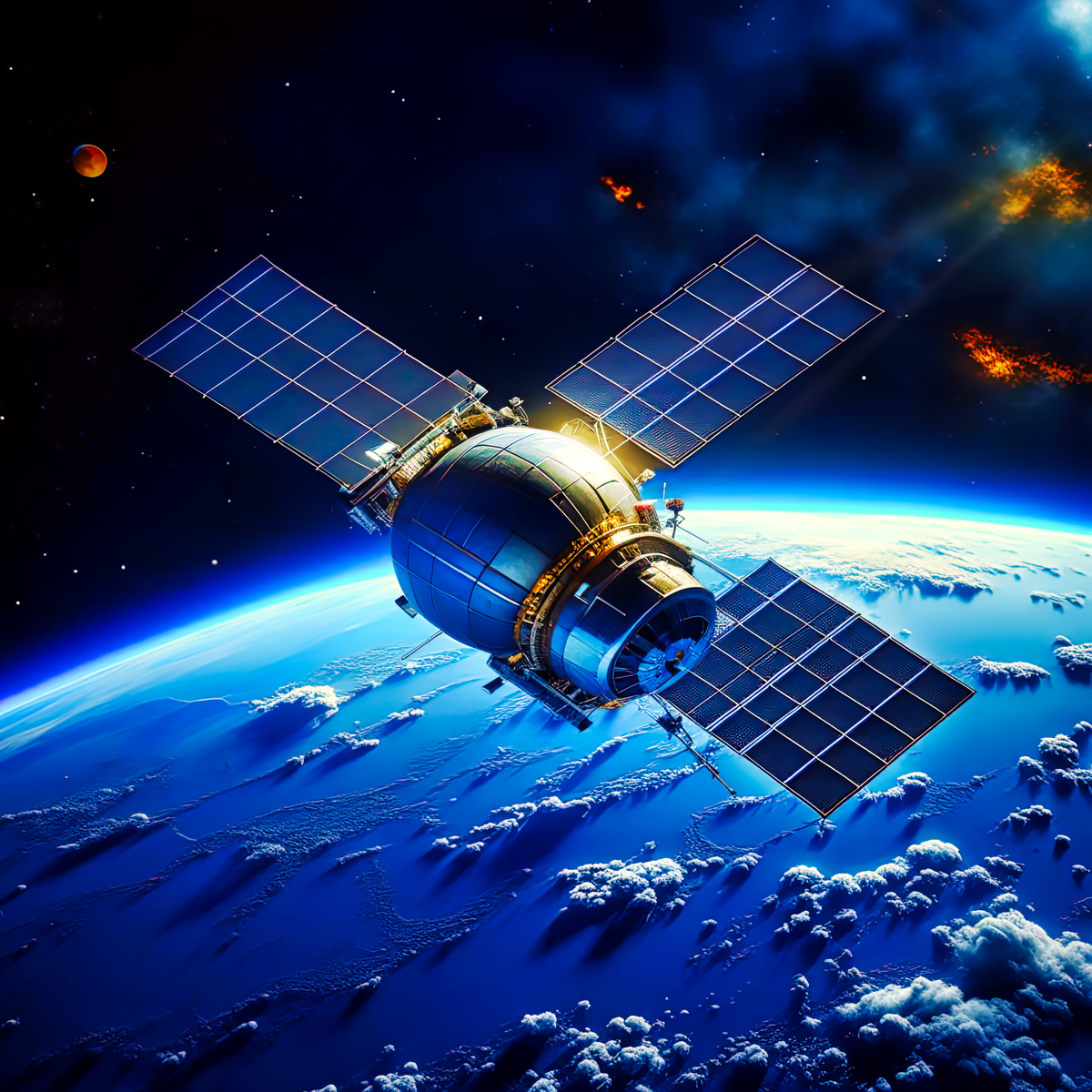 Изображение искусственного спутника земли. Создано с помощью нейросети Яндекс Шедеврум