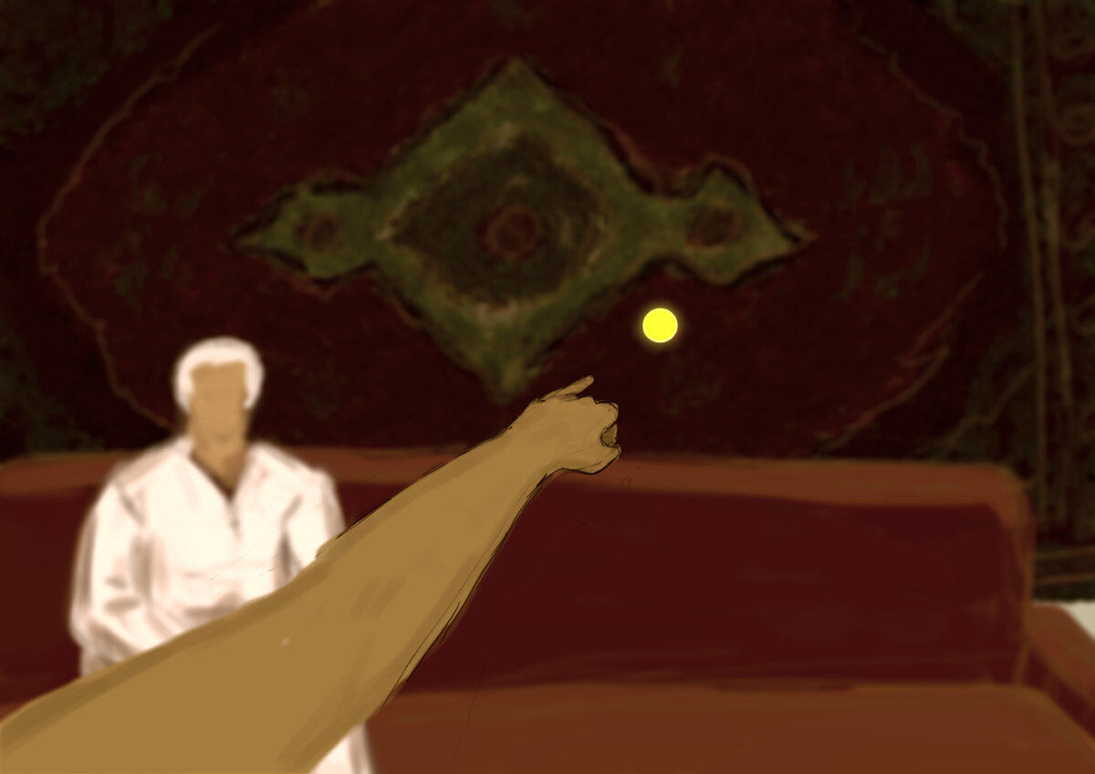 Жёлтый шарик и бабушка, сидящая на диване