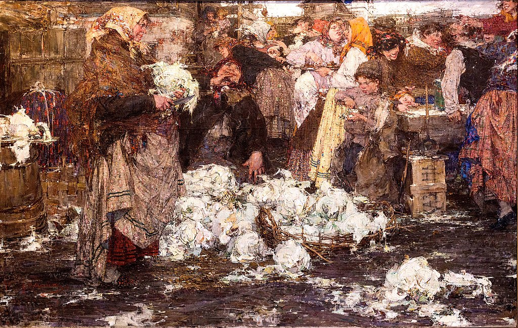 Николай Фешин "Капустница", 1909 год. Присмотревшись к полотну, можно разглядеть выражения лиц и другие любопытные детали. И еще понять, что капусту лучше всего солить на улице, потому что мусора много. Мне больше всех нравится мальчонка, тянущий руку к нашинкованной капусте, и дядька, опрокидывающий стопку. Попробуйте их найти в этом хаосе.