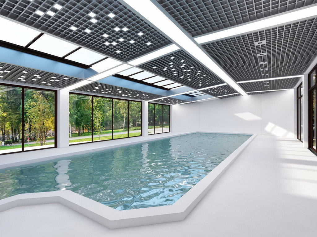 Грильято 100х100 металлик в бассеине загородного дома  1200 р м2  https://skladpotolkov.ru/grilyato-100x100-metallik-serebristyi