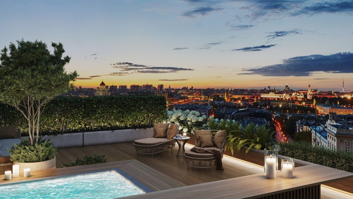 Терраса с бассейном в пентхаусе дома «Лаврушинский»