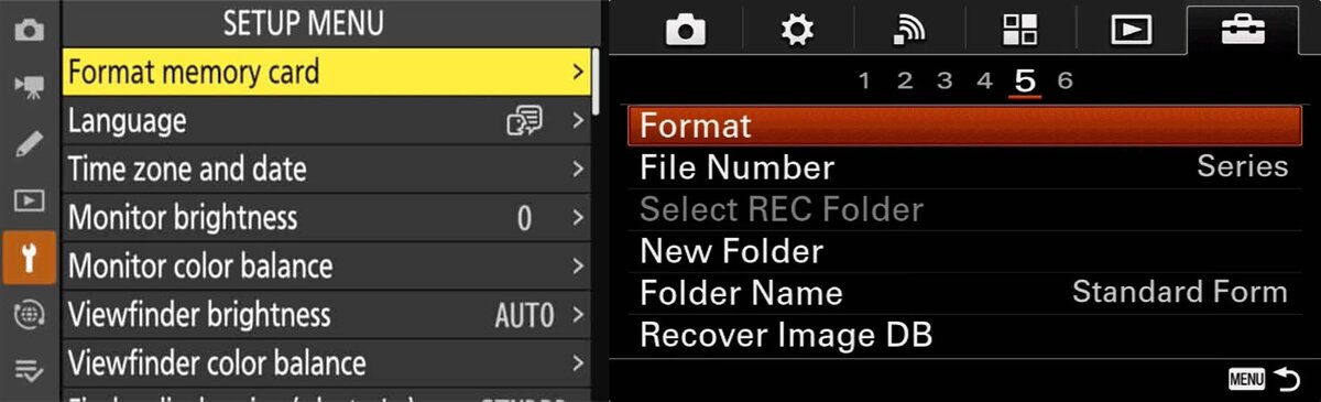    Меню настроек Nikon (слева) и Sony (справа) / Иллюстрация: Алиса Смирнова, Фотосклад.Эксперт