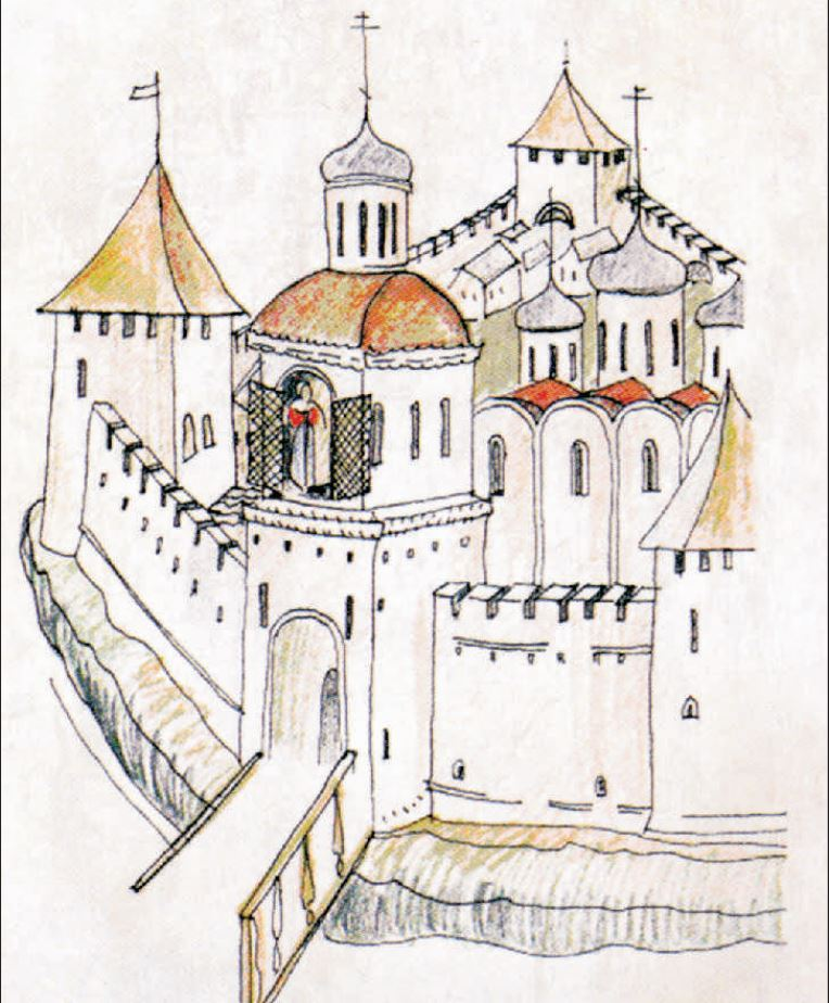 Вид церкви Николы на воротах Можайского кремля. XVII век. Максимов (1673 г.). Книга об избрании на царство царя Михаила Федоровича.