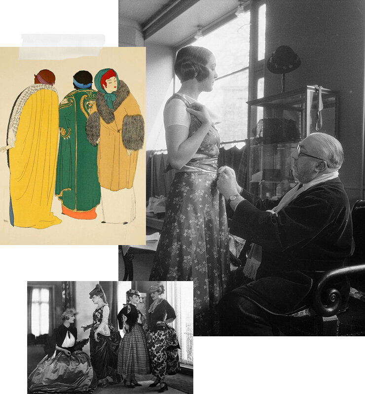    Эскиз Поля Пуаре, 1908; Поль Пуаре с моделью, 30е годы;