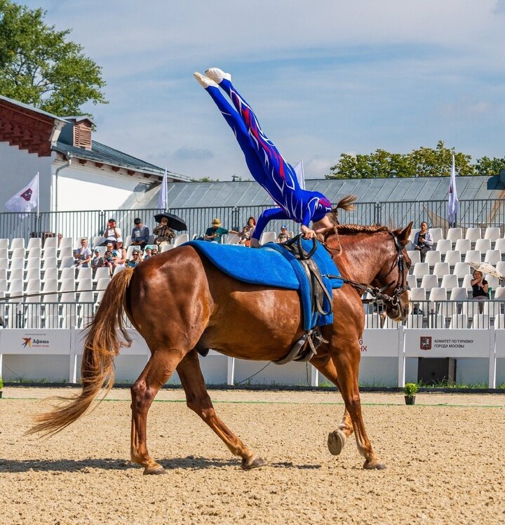     Вольтижеры показывают трюки на ходу лошади / Фото: Вольтижировка в Пскове / ВКонтакте
