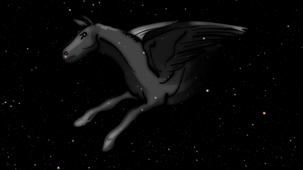 Авторское изображение звёздного неба в окрестностях созвездия Пегаса и наложенный полупрозрачный рисунок крылатого коня, взятый из программы Stellarium