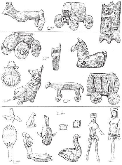 Скифские детские игрушки. Глина. I тыс. до н. э. 
Источник: https://historylib.org/historybooks/Valeriy-Ivanovich-Gulyaev_Skify-rastsvet-i-padenie-velikogo-tsarstva/32