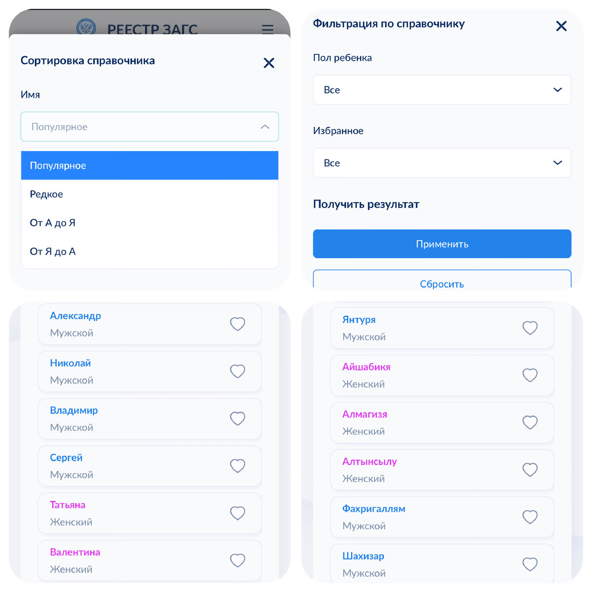 Слева список популярных имен/справа список редких имен