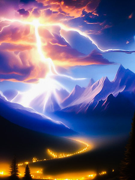 Гроза в горах. Сгенерировано в Шедевруме.