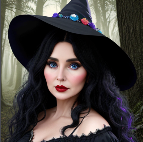 Ведьма Габи. В галерее все иллюстрации созданы нейросетью для онлайн генерации картинок Dezgo.com.